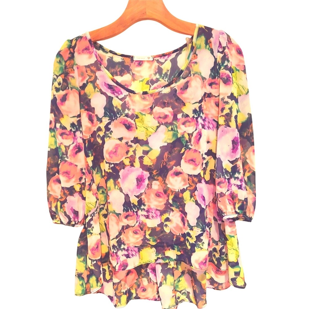 Soprano Y2K Womens Boho Floral Fairy Chiffon Blouse Sheer Peplum 3/4 Sleeve  XS
